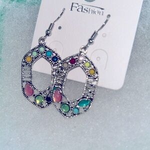 Boho Silver Tone Multiple Stone Drop statement earrings